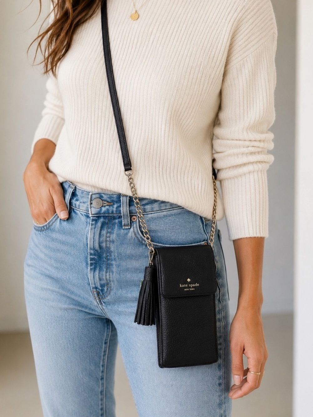 Kate Spade North South Pebbled Leather Phone Crossbody Black Tassel Travel
